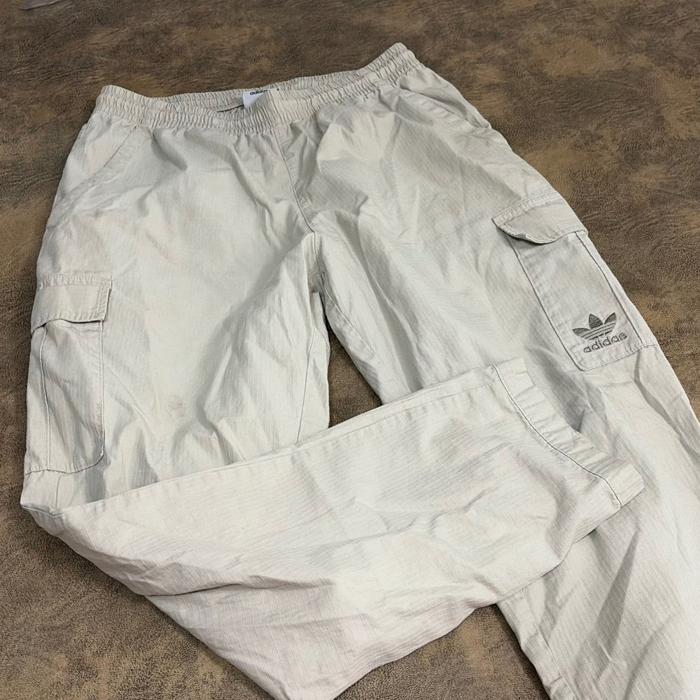 Adidas Cargo Pants Mens Medium Tan Ripstop Trefoil Logo Drawstring 6073